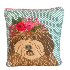 Karma Living Throw Pillow Embroidery Dog Roses Flowers 17 x 17 inches Square